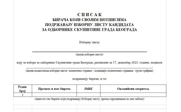 Списак бирача који подржавају изборну листу (фото: сајт Града Београда)