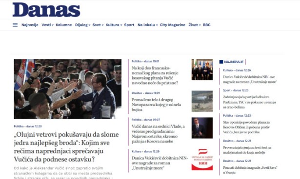 Snimak ekrana naslovne strane onlajn izdanja Danasa