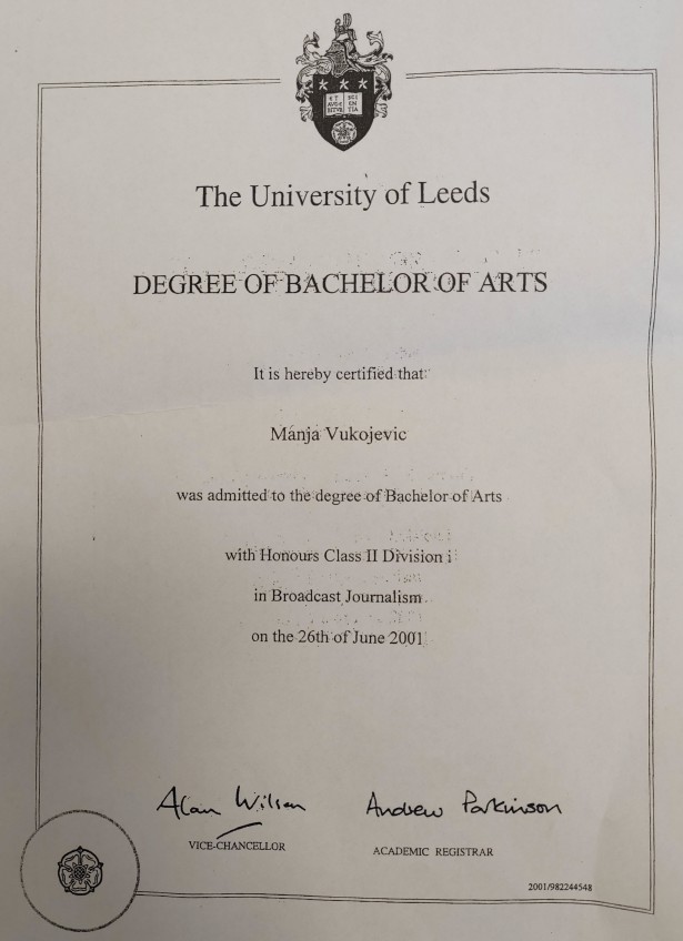 Fotokopija diplome Manje Grčić (foto: UNS)