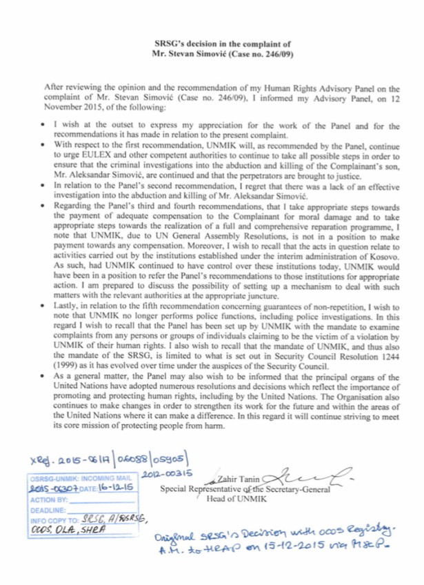 Deo odluke SRSG-a na žalbu u slučaju Simović