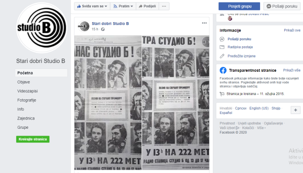 Printskrin Fejsbuk stranice Stari dobri Studio B